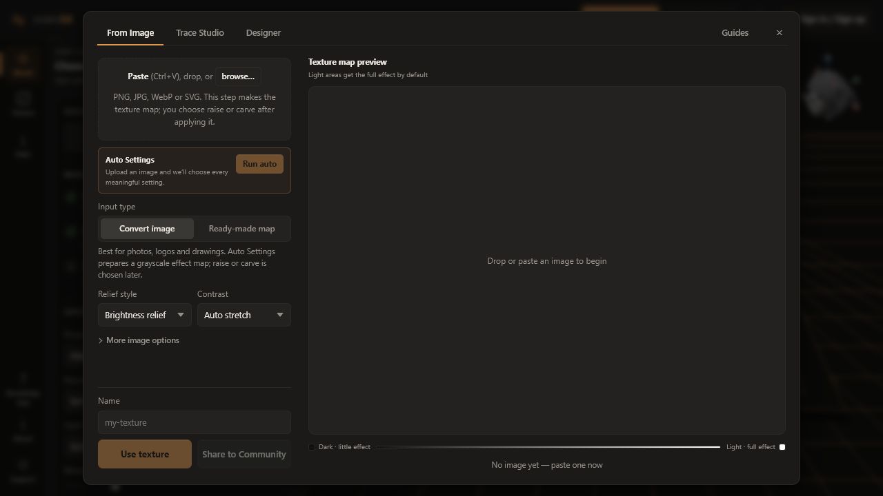 Create Texture dialog on the From Image tab with image settings and height-map preview