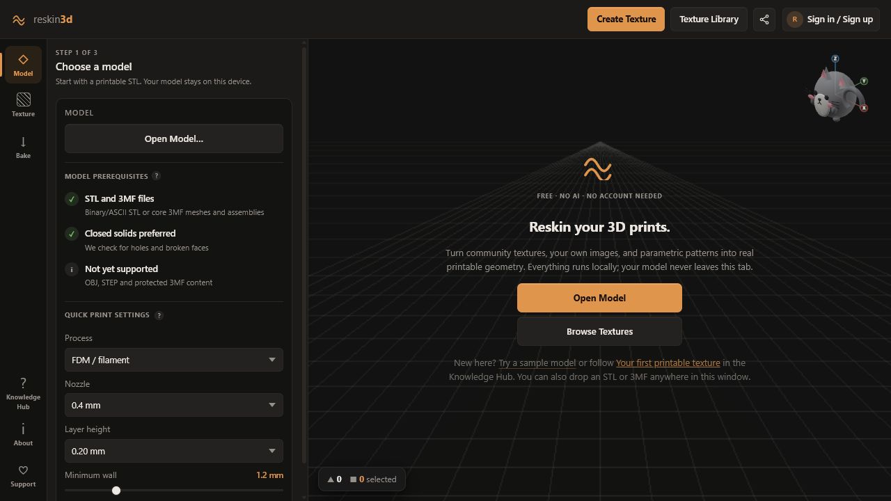 Model stage with file requirements, mesh guidance, and print settings beside the start actions