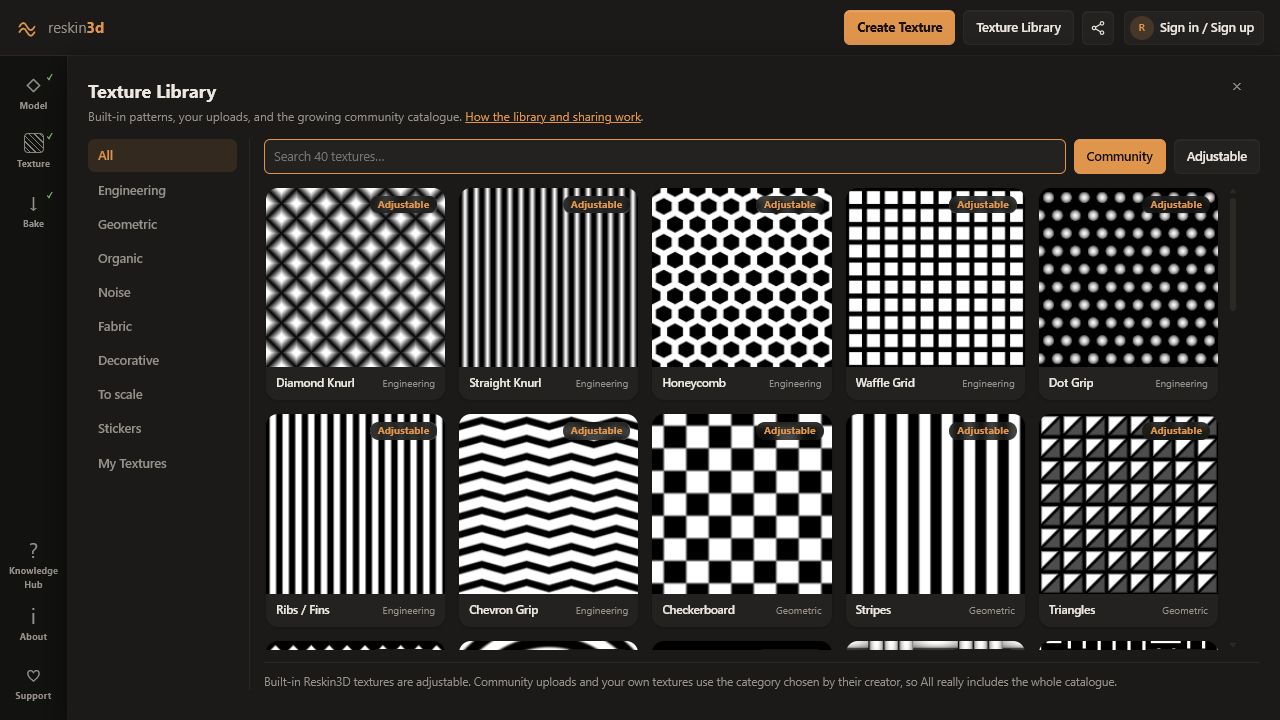 Texture Library with adjustable engineering, geometric, organic, noise, fabric, and decorative patterns